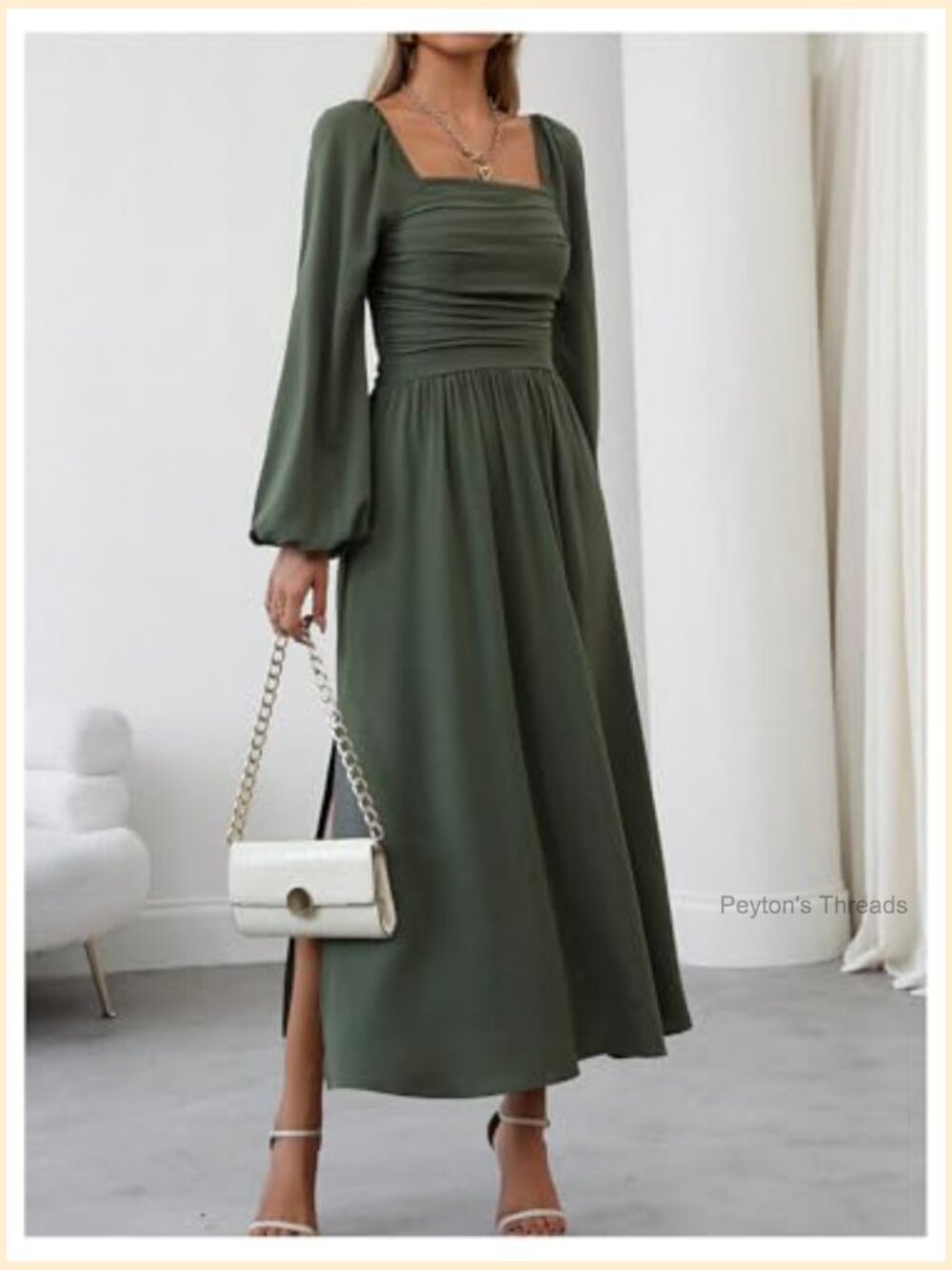 Women's Square Neck Lantern Long Sleeve Ruched Midi Dress - Picture 4 of 6